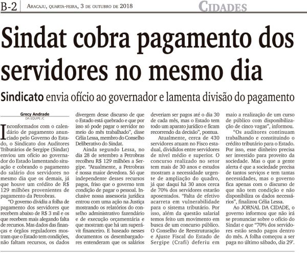 Sindat cobra pagamento dos servidores no mesmo dia