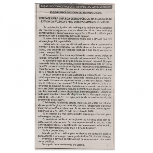 SINDAT ENVIA CARTA ABERTA AO GOVERNADOR